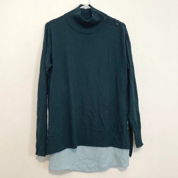 NEW NWT ANN TAYLOR Mixed Media Mock Neck Sweater Teal Green Blue Layered Twofer - Picture 2 of 14